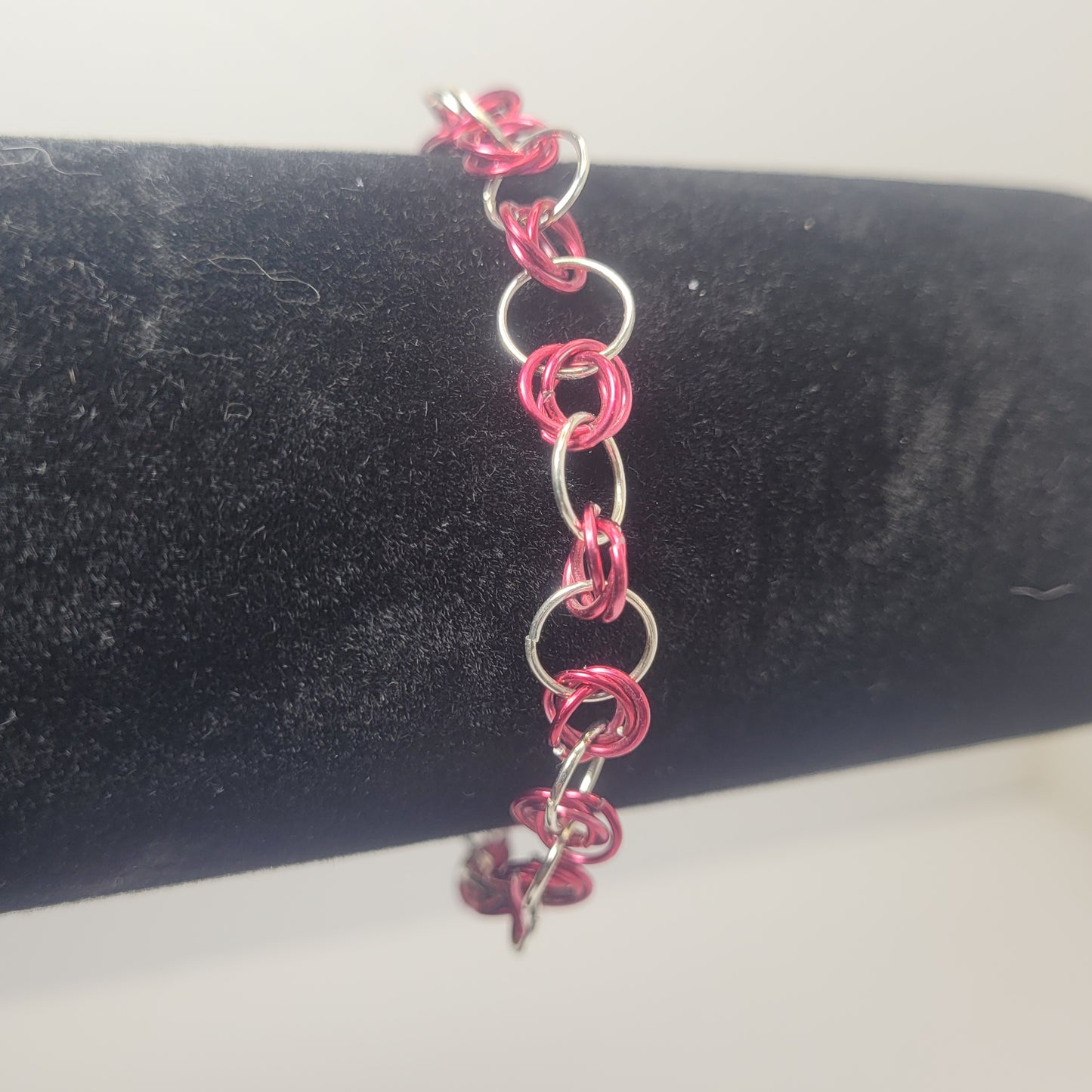 Bracelet, pink and silver chainmail