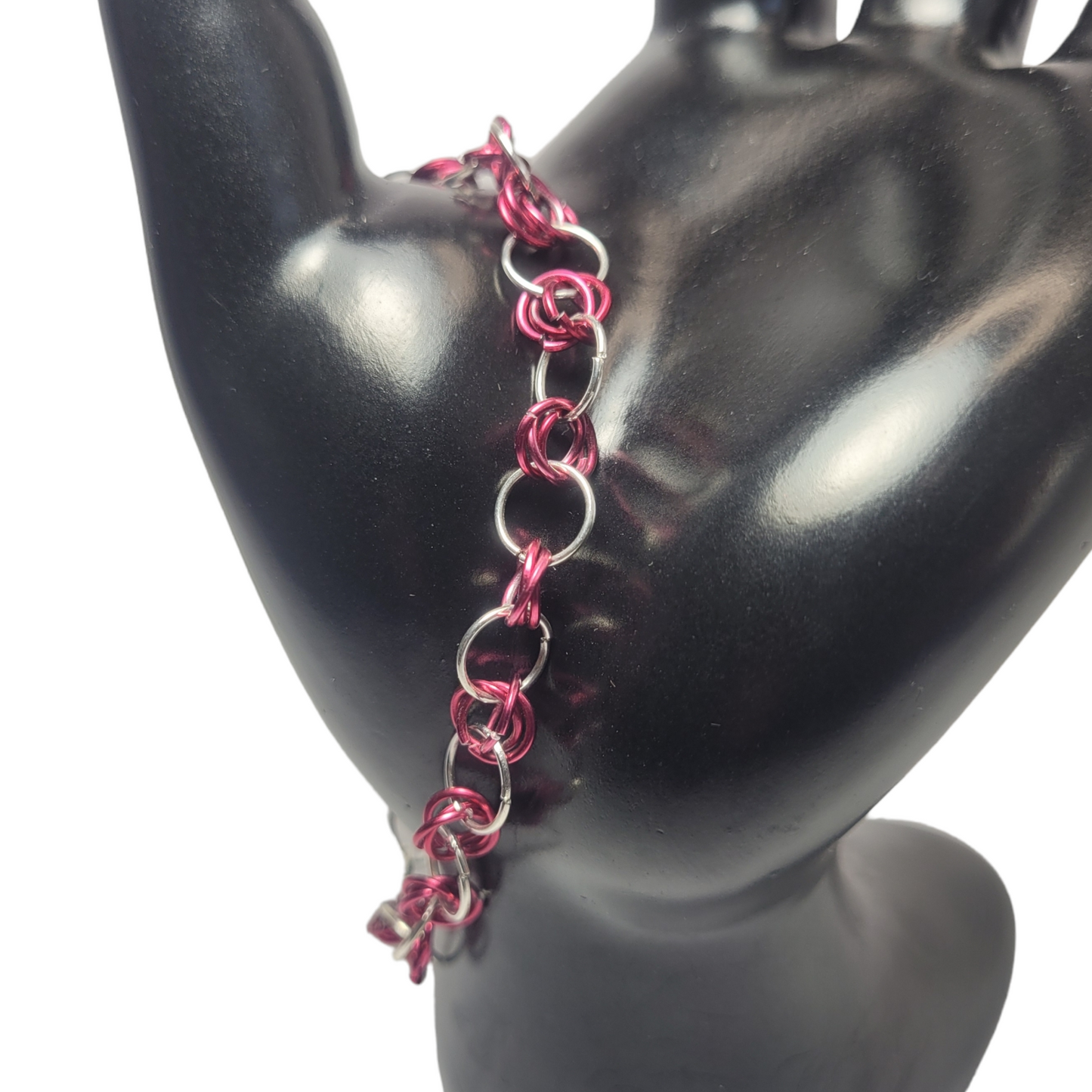 Bracelet, pink and silver chainmail
