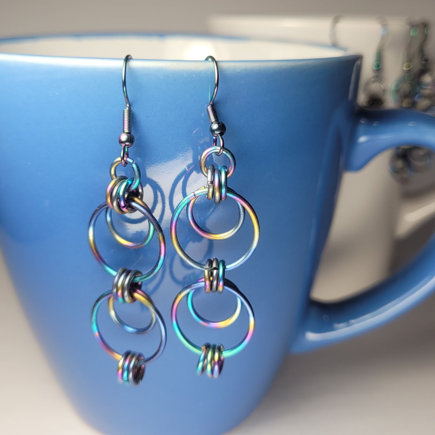 Earrings, multichrome rainbow circles chainmail
