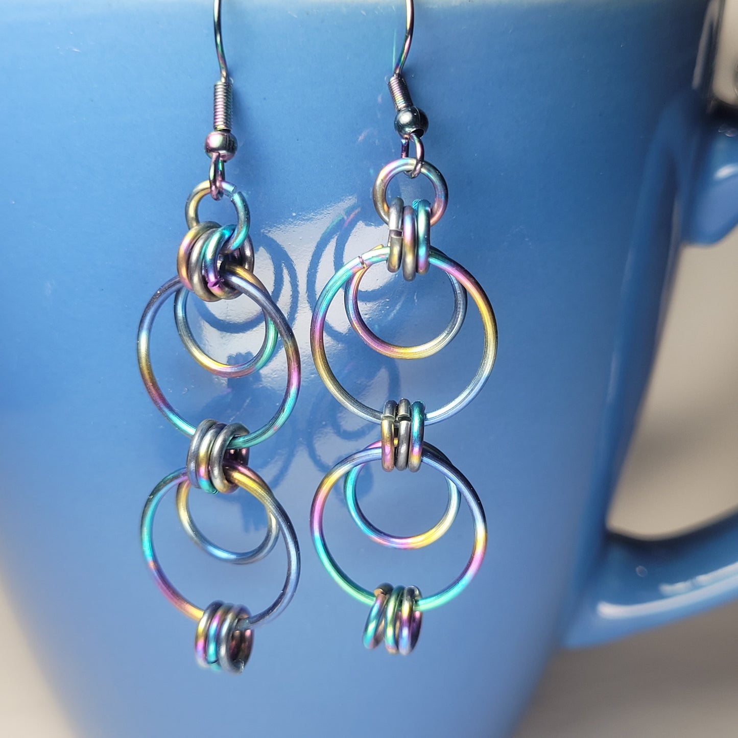 Earrings, multichrome rainbow circles chainmail