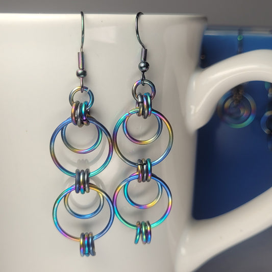 Earrings, multichrome rainbow circles chainmail